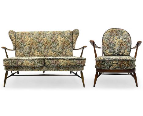 Lucian Ercolani for Ercol - mid-20th century beech and elm 'Windsor 203' two-seat sofa, wingback design upholstered in floral