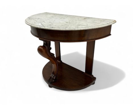 Victorian mahogany and marble demi-lune console table, moulded white and grey veined marble top, on cabriole support carved w