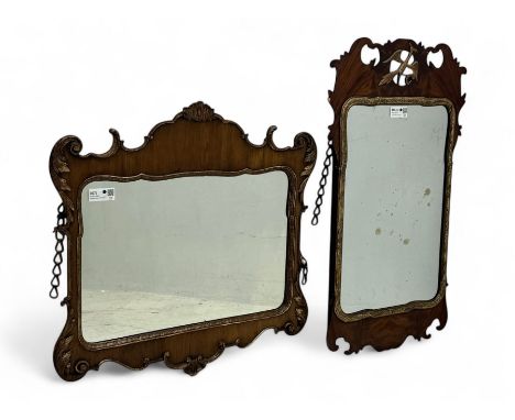 Georgian design walnut and parcel gilt fretwork wall mirror (76cm x 73cm); Chippendale design mahogany fretwork wall mirror, 