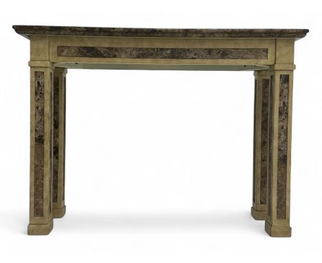 Rectangular console table, variegated marble top, on square supports with block feet Dimensions: Height:&nbsp;81cm&nbsp; Leng