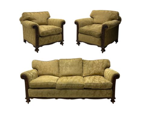 Early 20th century mahogany framed three-piece lounge suite - three-seat camelback sofa (W203cm, D105cm); pair of matching ar