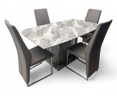 Contemporary marble effect dining table, rectangular marble top with rounded corners, supported by a central rectangular pede