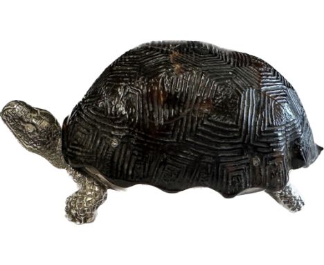 Antique Silver tortoise trinket box by TJ with lifting tortoiseshell lid, London silver hallmarks