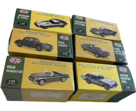 Atlas British Classic Sports Cars - MGB Roadster 1:43 scale, Ford capri 280 brooklands, MGA Coupe, jaguar e-type, Aston marti