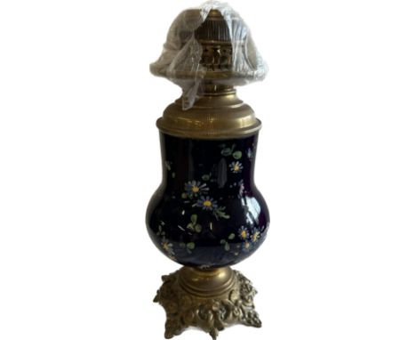 Brass and glass hand painted oil lamp, missing funnel and shade 