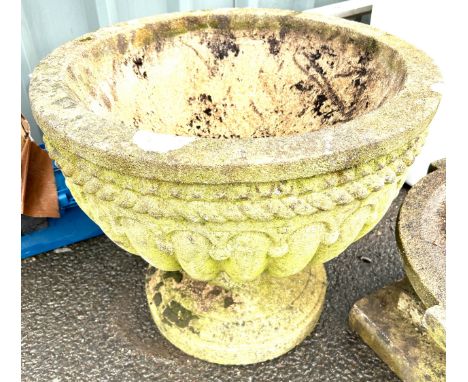 Large concrete planter in 2 pieces measures approximately 19 inches tall 21 inches wide 