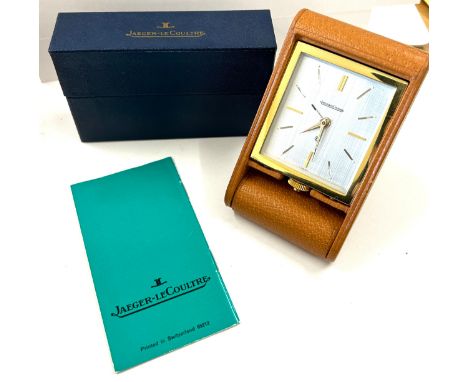 Vintage swiss made Jaeger Lecoultre 8 day folding travel alarm clock with box and papers 