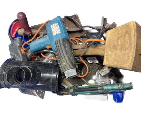 Selection of tools and Power tools to include Black and Decker paint stripper, Challenge sander, clamps, saws etc 
