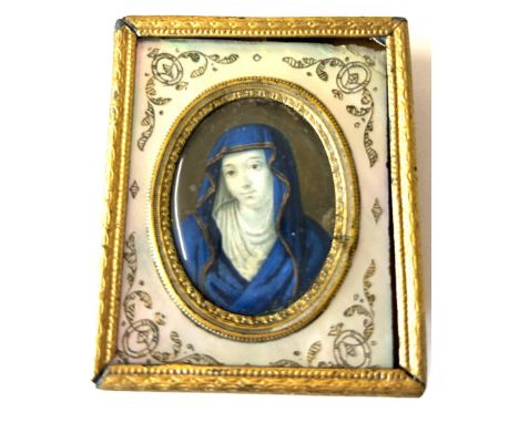 Hand painted portrait miniature of Madonna the Virgin Mary 6.5cm tall 5.5cm wide 