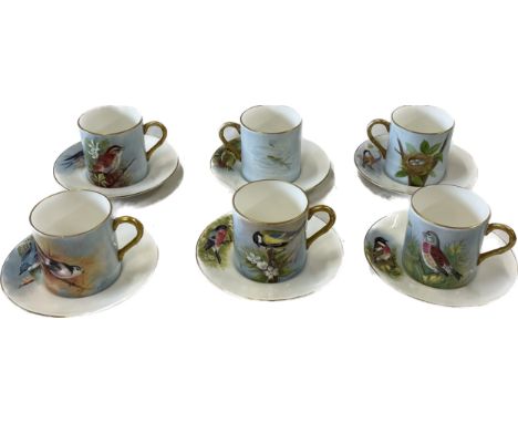 Six coffee cans and saucers, hand painted with birds, signed F Clarke (Royal Worcester artist) 