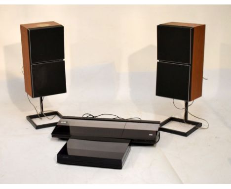 Bang &amp; Olufsen Beocentre 2200 record player, a Beogram 7000 record player, and a pair of Beovox S55 speakers on stands  