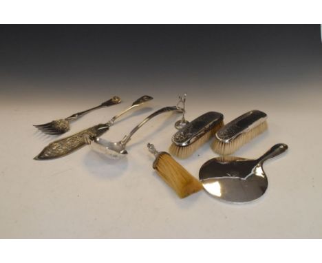 Assorted silver and plated wares to include; hand mirror, ring tree, plated ladle and fish servers, etc  