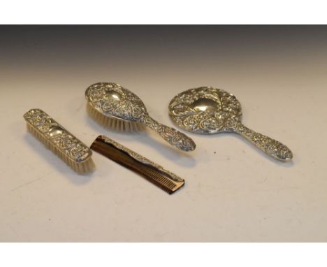 Elizabeth II silver-backed dressing brush, clothes brush, hand mirror and comb, Birmingham 1978 (4)  