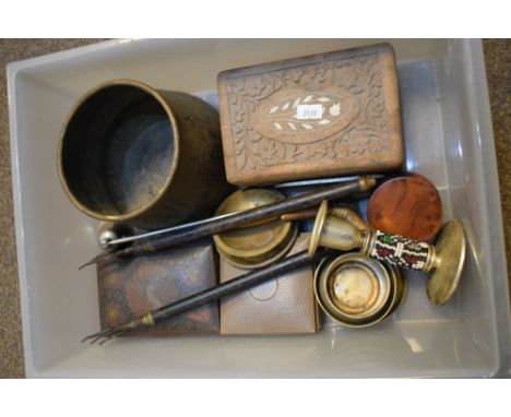Group of assorted metal work to include Middle Eastern brass pot with two-colour inlay, Turkish prisoner of war beadwork cand