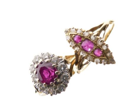 Two ruby-set rings, the first yellow metal with central faceted oval stone within a border of ten diamonds, shank indistinctl
