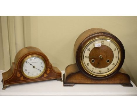 Edwardian mahogany and string inlaid mantel clock, the white Arabic dial marked Mappin &amp; Webb, together with an oak mante