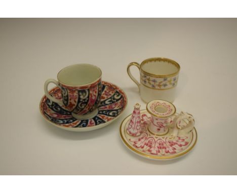 18th Century Worcester cup and saucer, 19th Century chamber candlestick and snuffer, and a Derby coffee can (4)  