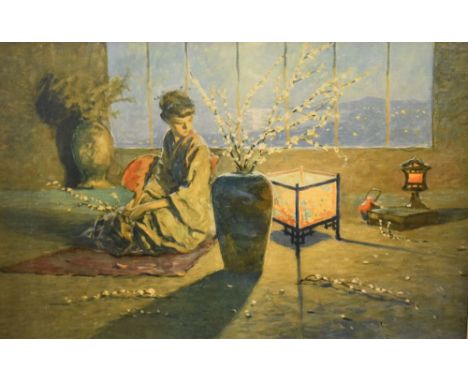Mid 20th Century coloured print of an Oriental female sat before a lantern, in a good quality gilt gesso frame, the reverse w
