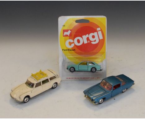 Three vintage Corgi die-cast model vehicles comprising Ghia 1.6.4 with Chrysler V8 Engine, Citroen Safari and Ford Escort  