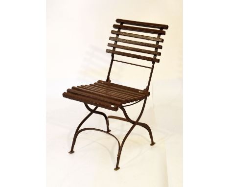 Vintage brown painted wrought iron and wooden slatted folding chair  