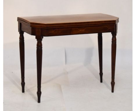 Early 19th Century mahogany and rosewood crossbanded string inlaid card table opening to reveal a green baize interior raised