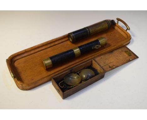 19th Century three-draw brass telescope, together with a Victorian flashlight, cased set of travelling beam scales and early 