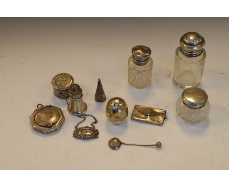 Selection of small silver to include; envelope stamp case, octagonal powder compact or pill box, three silver-lidded toiletry