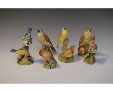 Group of five Royal Worcester porcelain birds to include; two Thrushes (3234), Yellow Hammers (3377), Robin (3197) and Blue T