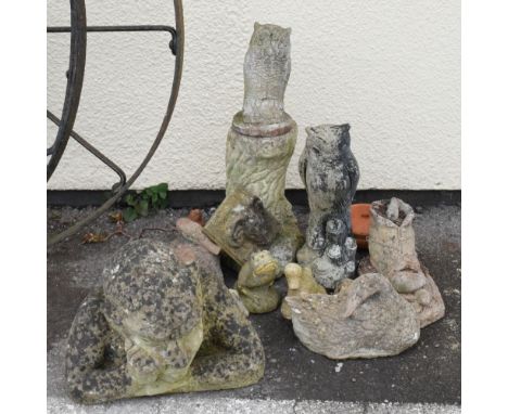 Assorted garden ornaments to include; owls, ducks, gargoyle, etc  