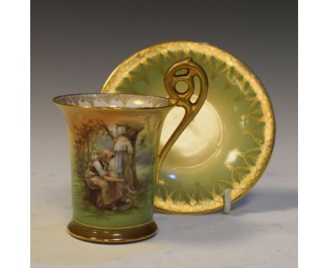 Austrian Vienna cabinet cup and saucer, the former depicting two figures in a woodland setting, beehive marks beneath each pi