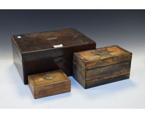 Tunbridge Ware rectangular tea caddy (at fault/to restore), a rosewood rectangular box with hinged cover, and one other box d