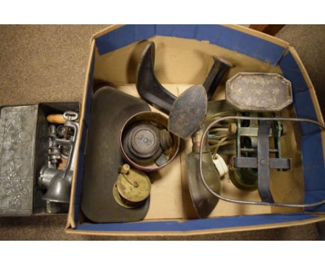 Assorted collectables to include; grocer's scales, shoe lasts, vintage confectionery tin, etc  