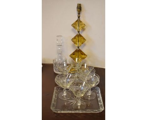 Assorted glassware to include; decanter, six champagne coupes or sundae glasses, and retro amber glass table lamp, etc  