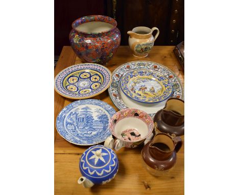 Assorted mainly 19th Century ceramics to include; apricot lustre 'Sailor's Farewell' jug, Leeds Pottery blue transfer printed