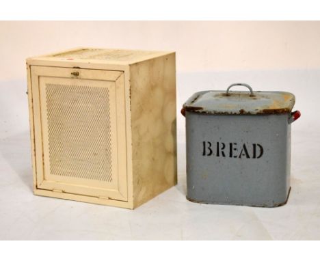 Vintage enamel bread bin and cover, and a metal meat safe with hinged door  