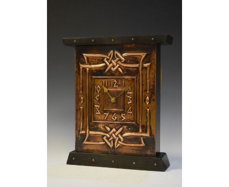 Reproduction Arts &amp; Crafts embossed copper mantel clock, originally retailed through Liberty, 33.5cm high  