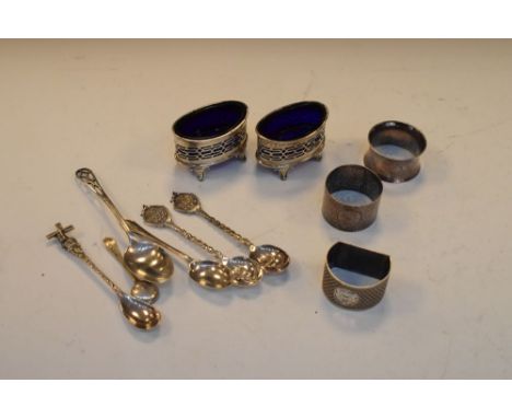 Assorted small silver to include; pair of pierced oval mustard pots with blue glass liners, three napkin rings and sundry spo