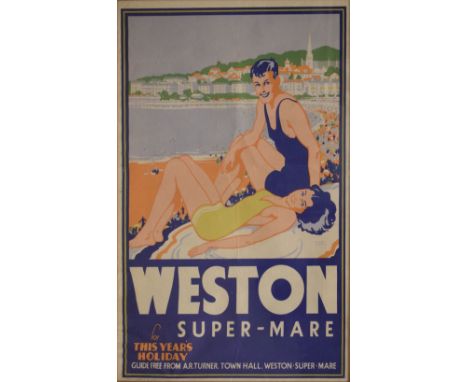 Local Interest - Vintage mid 20th Century travel poster promoting 'Weston-super-Mare for this year's holiday Guide free from 