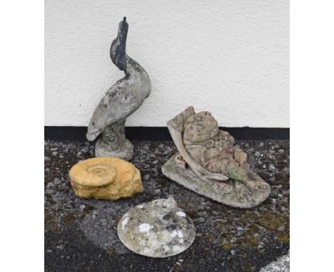 Garden ornaments - Bird fountain water feature, 43cm high, together with reconstituted frog ornament, 'ammonite' etc  