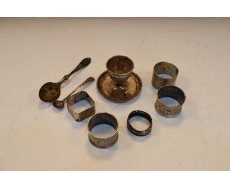 Assorted small silver to include; egg cup, four napkin rings including a pair, etc, 8.9toz approx  