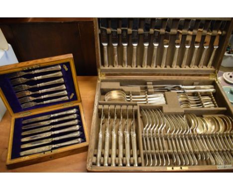 Oak-cased canteen of Mappin &amp; Webb silver-plated Hanoverian pattern flatware including carving set, together with an oak-