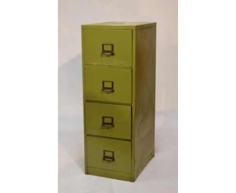 Vintage Industrial Design - Green painted metal four drawer filing cabinet fitted brass handles, stamped Registered Design, 4