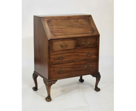 Chippendale Revival mahogany bureau of small proportions, with well-fitted shaped interior over two short and two long drawer