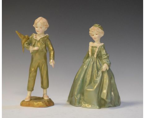 Two Royal Worcester figures modelled by F.G. Doughty comprising: 'Parakeet' and 'Grandmother's Dress' (3087 and 3081), the fi