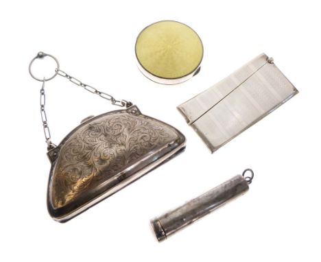 Silver visiting card case, shaped for the hip, together with crescent-shaped silver purse, imported silver and yellow enamel 