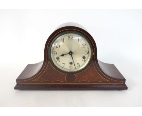 1930's INLAID MAHOGANY WESTMINSTER CHIMING MANTEL CLOCK
with shaped case, Arabic numerals on silvered dial, 'Kienzle' movemen