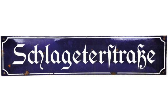 STRAßENSCHILD "SCHLAGETERSTRAßE", blau/weiß emailliert, wenige kleine