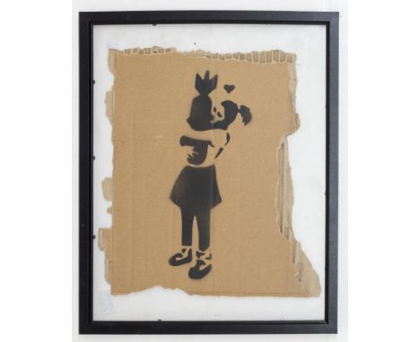 In the style of  Banksy (B.1974) - Dismaland 2015 "Enjoy your free art"  "Bomb love"  A spray paint on cardboard 11" x 9" lim