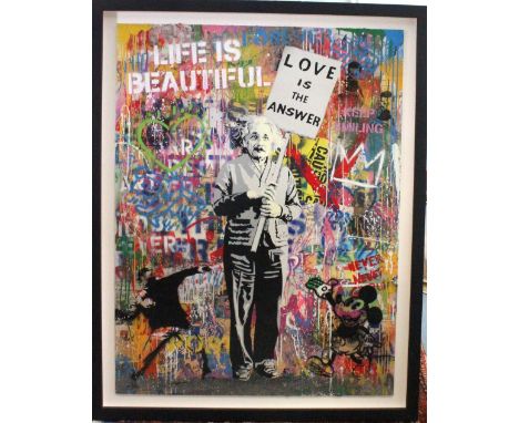 Mr Brainwash - 'Einstein' 'Love is the Answer' A silkscreen and mixed media on paper. Glass panel to verso signed, dated 2020