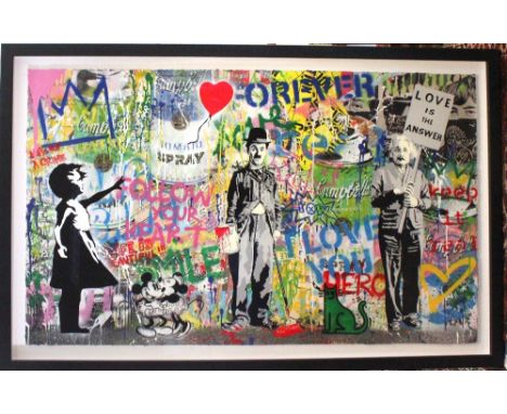 Mr Brainwash - 'Pop wall' 2022  A silkscreen and mixed media on paper. Framed with glass panel to reverse showing artists dod